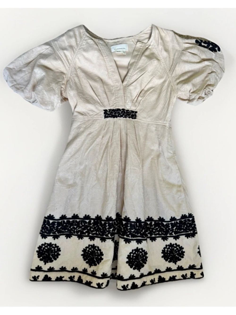 Anthropologie Orla Mini Dress Beige Embroidered Cotton Boho Puff Sleeves Sz 2 - Picture 13 of 14